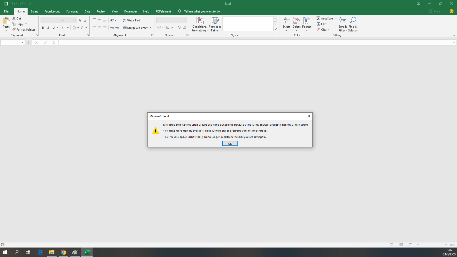 Microsoft Excel cannot open or save any more documents because there is not enough available memory or disk space.
