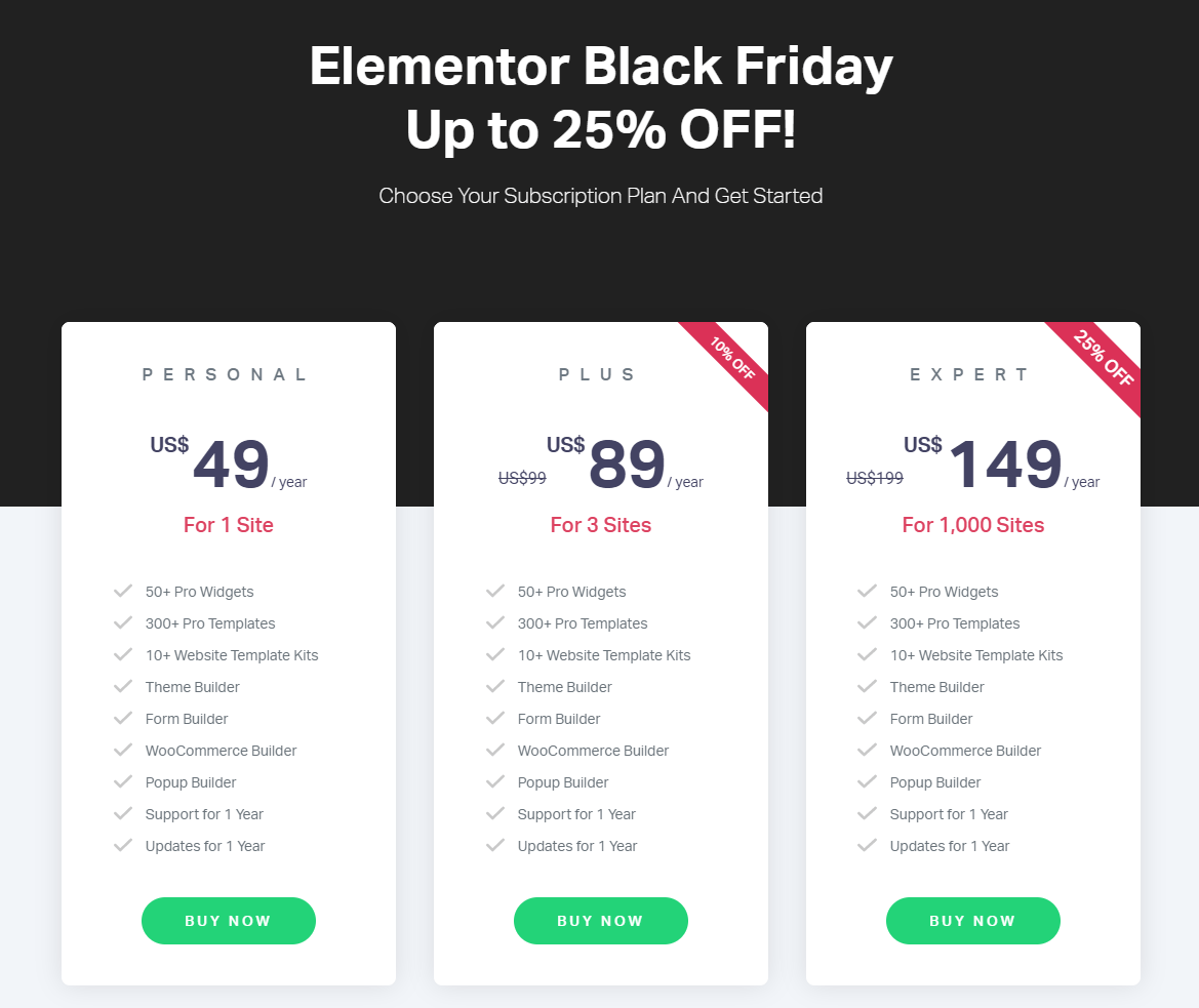 Elementor Pro Pricing Plans