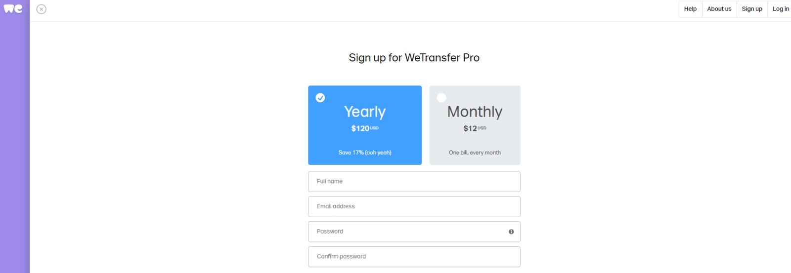 Sign up WeTransfer Pro