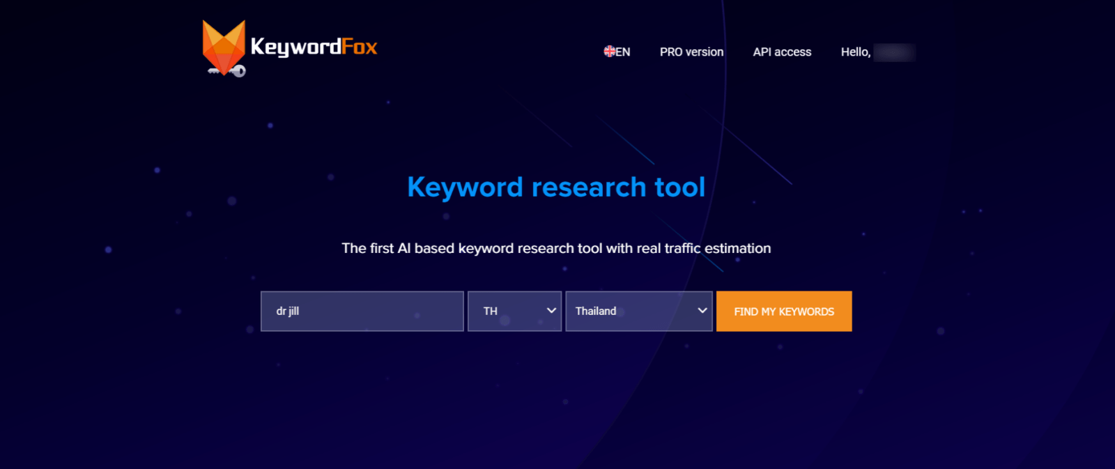 KeywordFox เครื่องมือ Research ประเมินคำค้นหาและราคา 2 words Find keyword