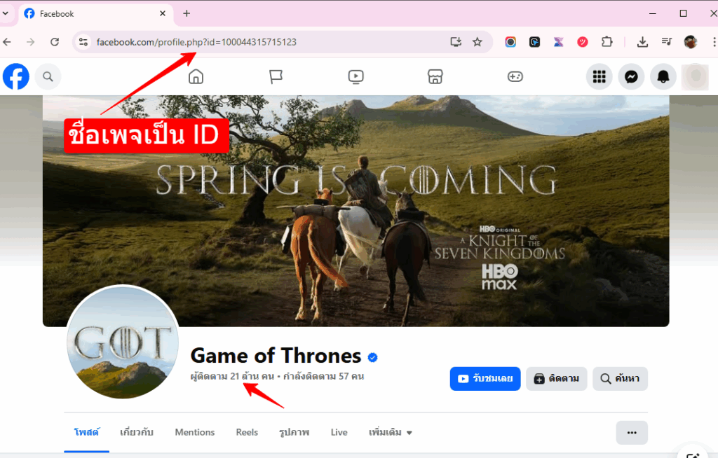 วิธีตั้งชื่อลิ้งค์ของแฟนเพจ URL Facebook Page 6 Facebook Page ID 1